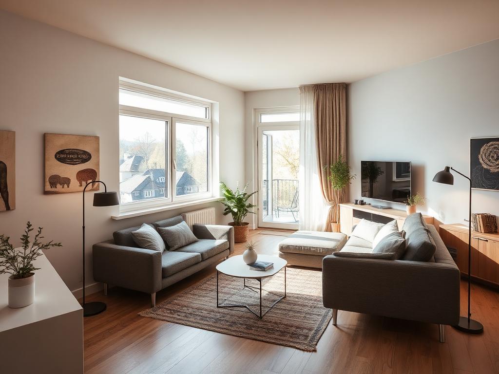 Möbliertes Wohnzimmer mit Sofa, Essbereich und Balkontür einer 2-Zimmer-Wohnung im Freiburger Stühlinger